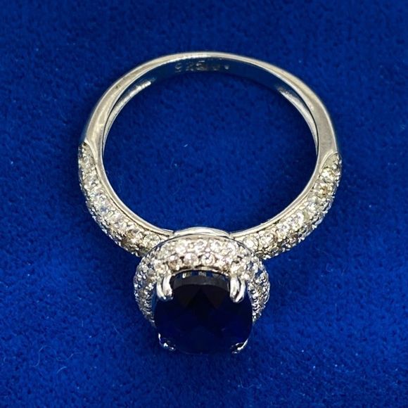 💛 925 Blue Sapphire & CZ Halo Ring - Picture 2 of 5